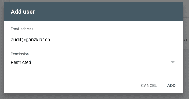 Google Search Console: Dialog Nutzer hinzufügen mit audit@ganzklar.ch und Berechtigungs-Auswahl